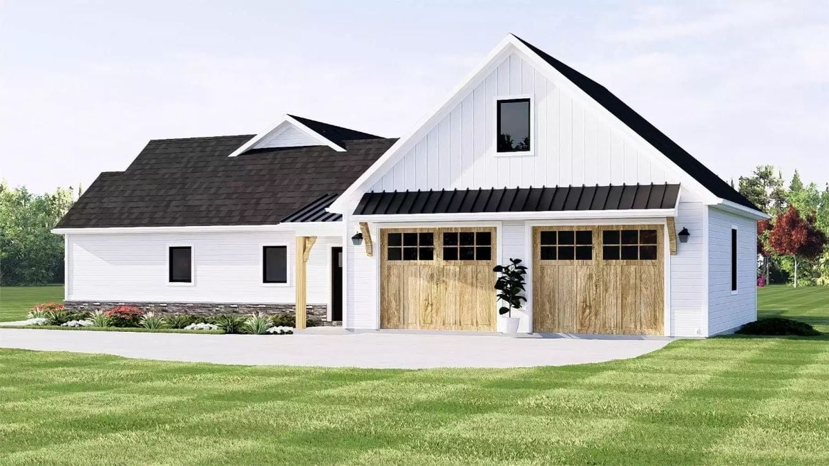 Board-and-Batten White Siding Meets Its Match in Those Wood Garage Doors