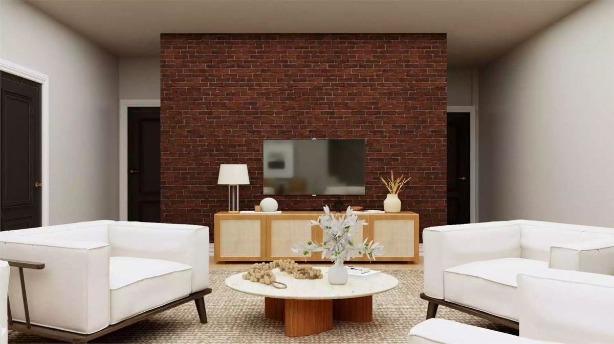 Brick Accent Wall and White Linen Chairs That Don't Try Too Hard