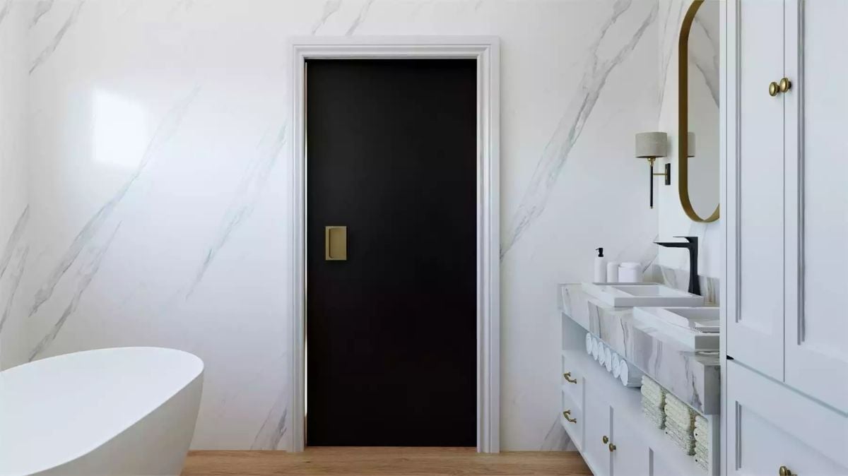 Matte Black Door Against White Marble Walls Earns Every Bit of Attention It Gets