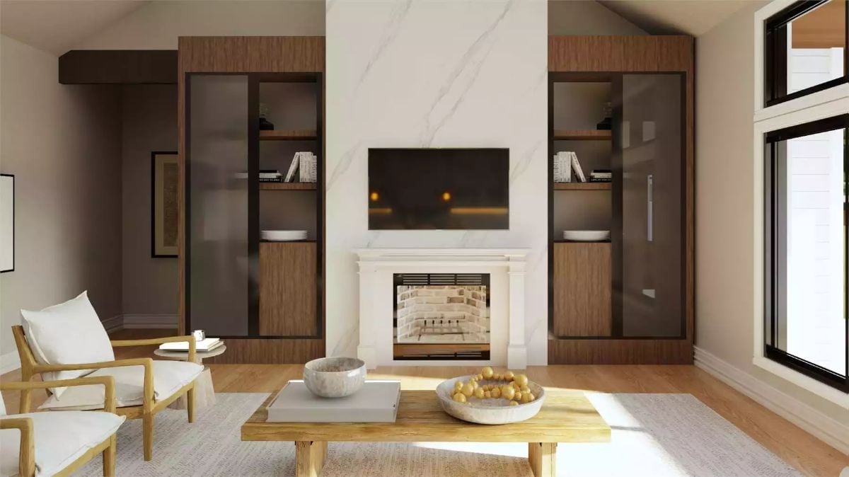 Walnut Cabinets and White Marble on the Same Wall Somehow Work