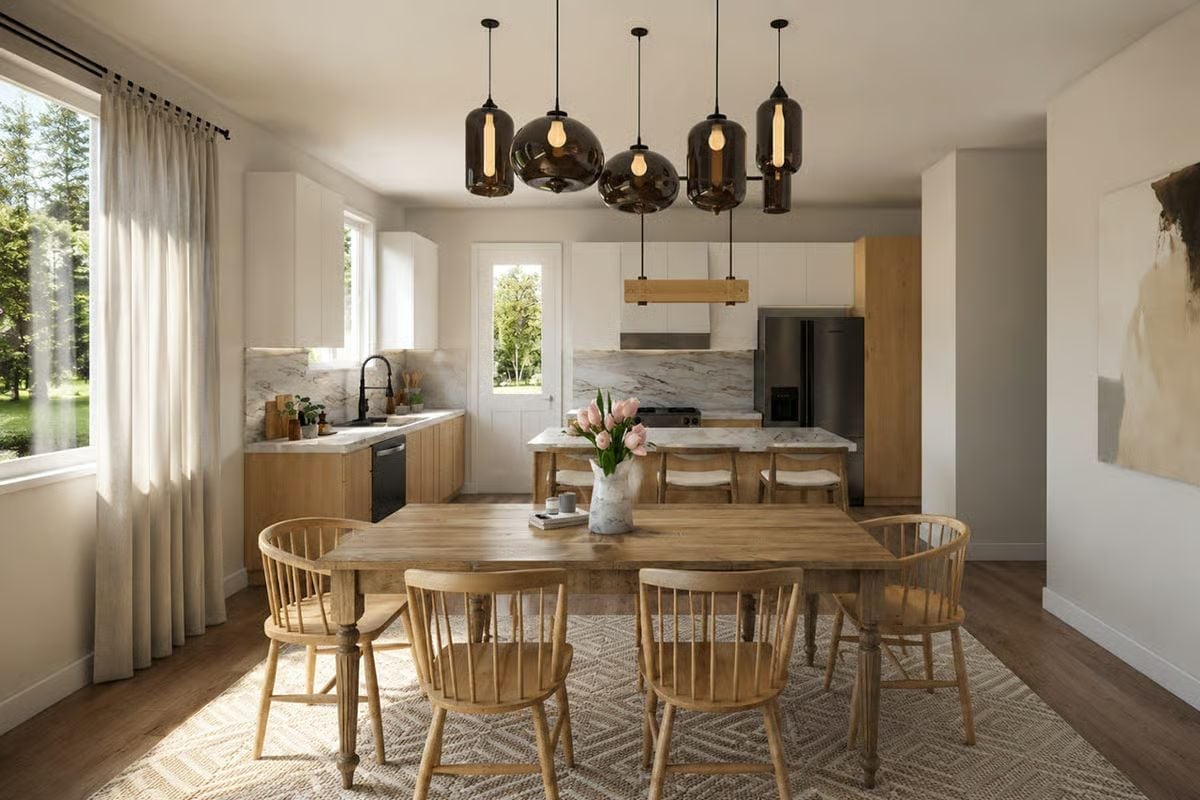 Smoked Glass Pendants Over a Farmhouse Table That Means Business