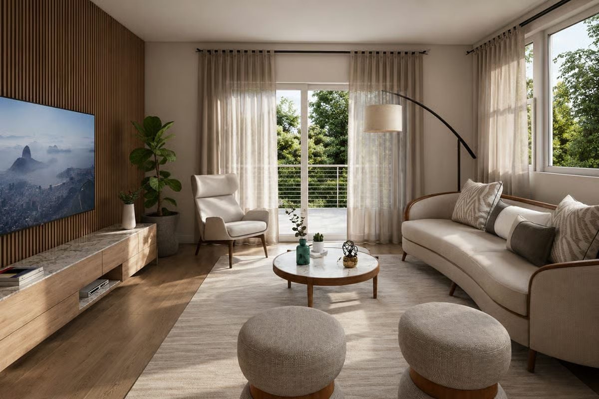 Warm Wood Slats, a Curved Sofa, and a Room That Knows How to Breathe
