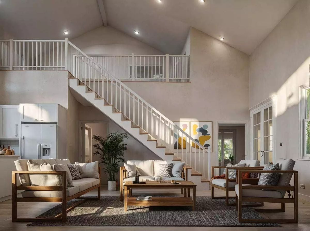 Teak Frames and Vaulted Height Turn an Open Living Room Into Something Worth Staying In