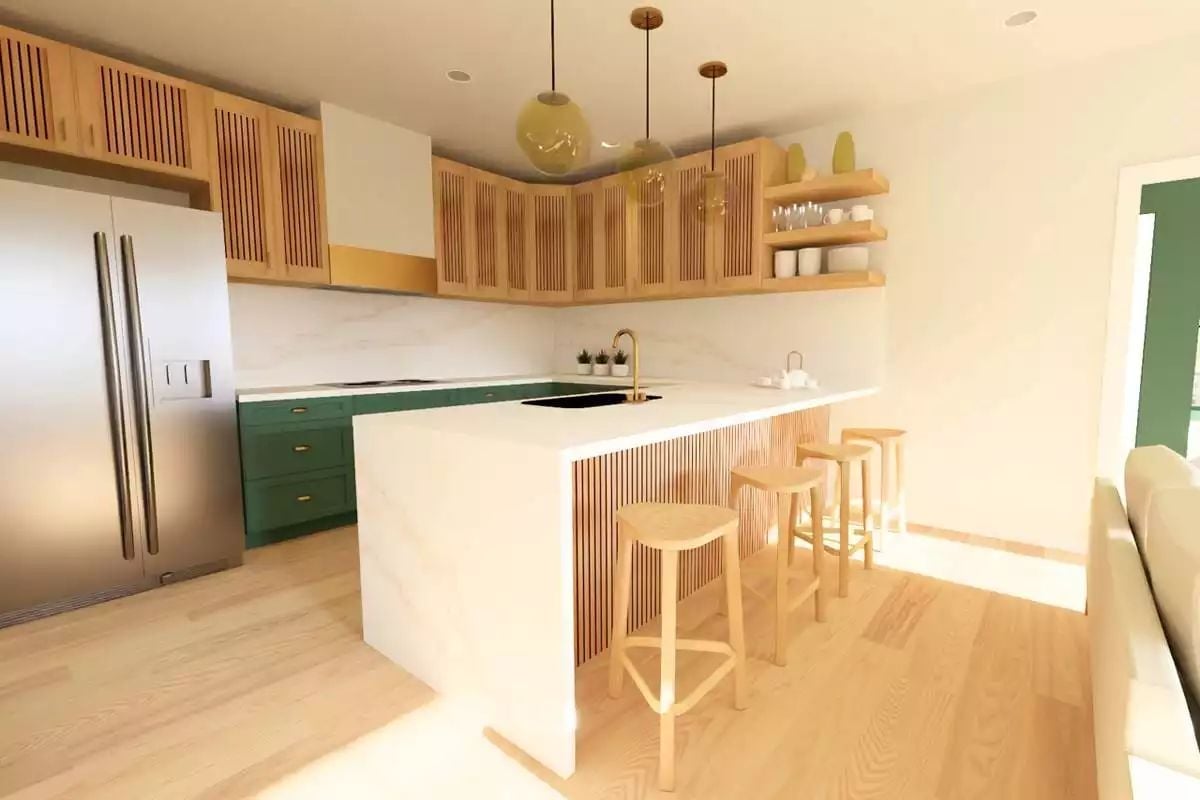 Green Lower Cabinets and Slatted Wood That Actually Belong Together