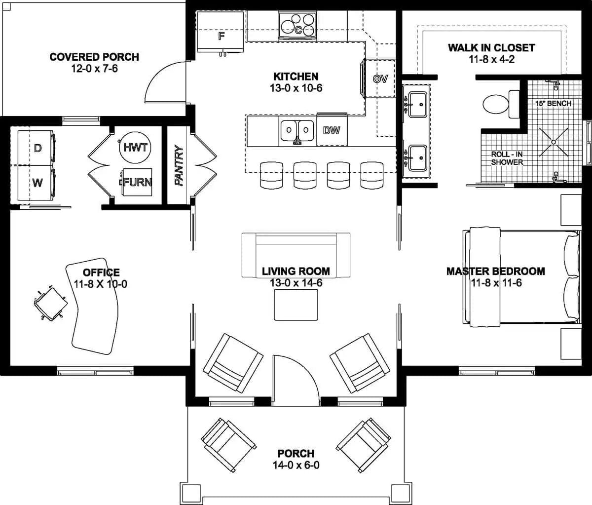 Floor Plan - Kingwell 1-Bedroom Cottage with Covered Porch Designed for Couples Who Love a Quiet Morning Coffee More Than Anything