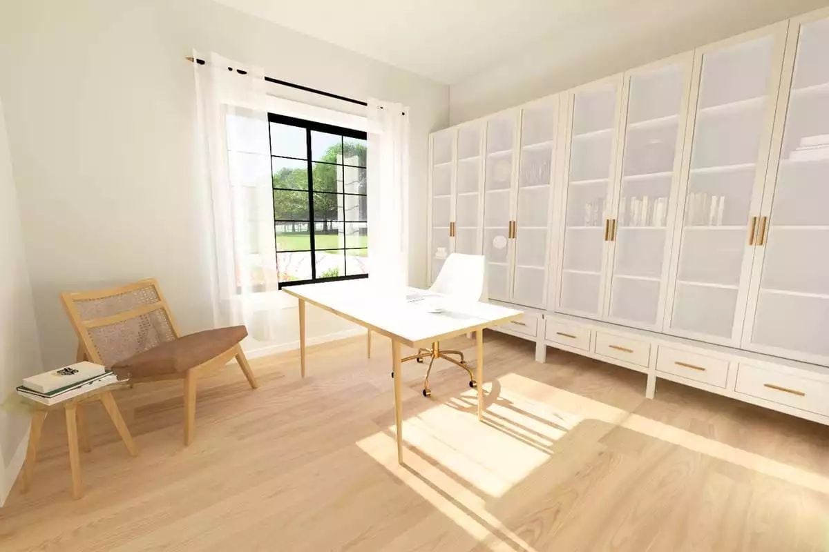 Gold-Legged Desk and Cane Chair Make Productivity Feel Unhurried