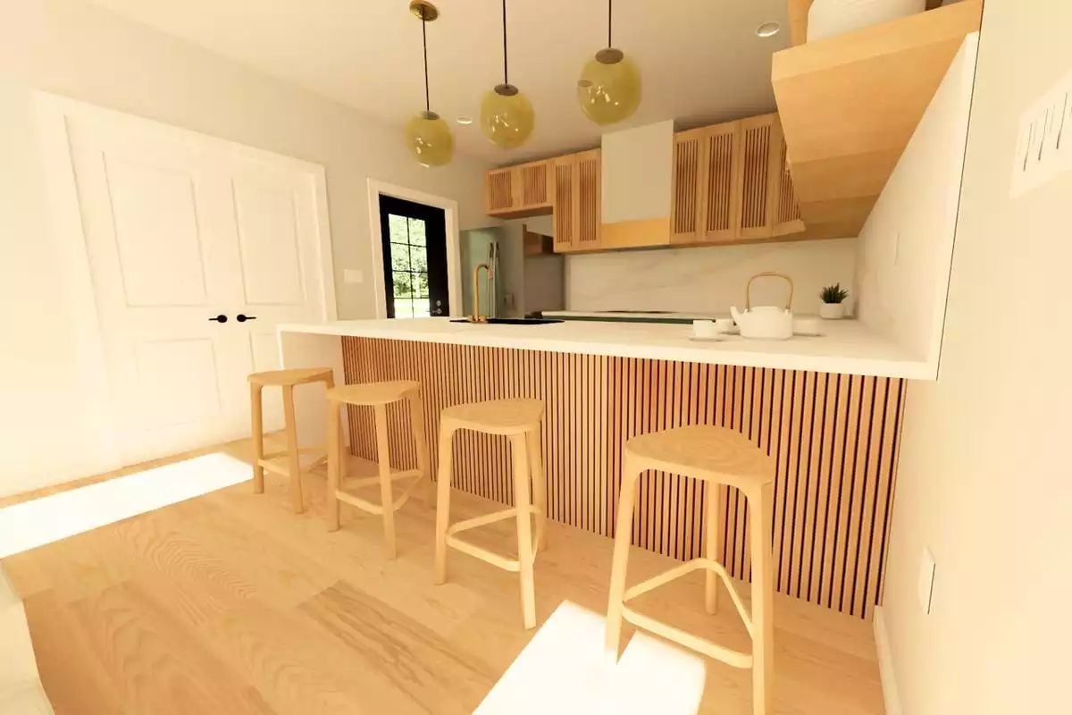 Slatted Wood and Globe Pendants Give This Kitchen Serious Quiet-Morning Energy