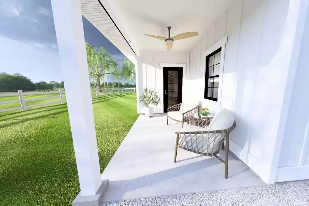 Wicker Chairs and a Ceiling Fan Turn a Covered Porch Into the Best Seat in the House