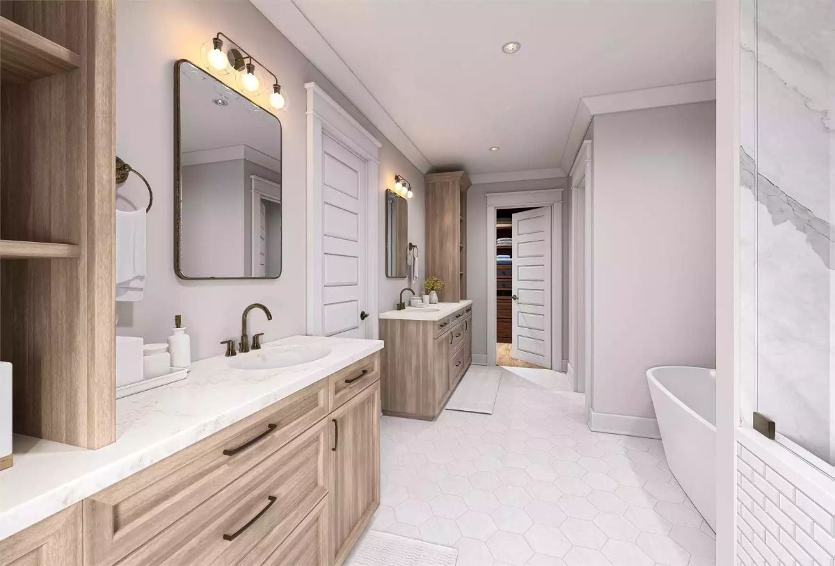 Warm Wood Vanities and Hexagon Tile That Make This Bathroom Worth Waking Up In