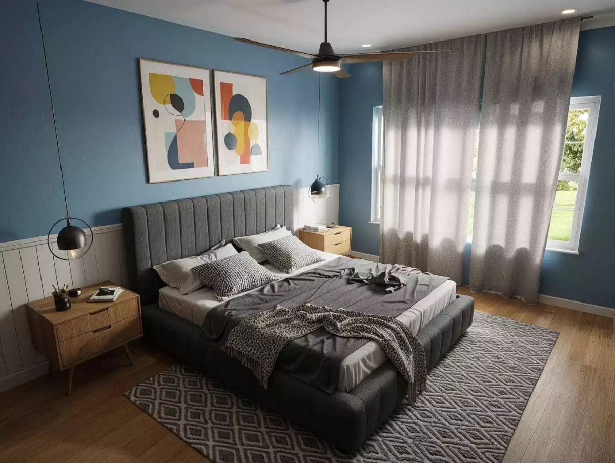 Channeled Headboard and Blue-Gray Walls Make the Whole Room Feel Pulled Together