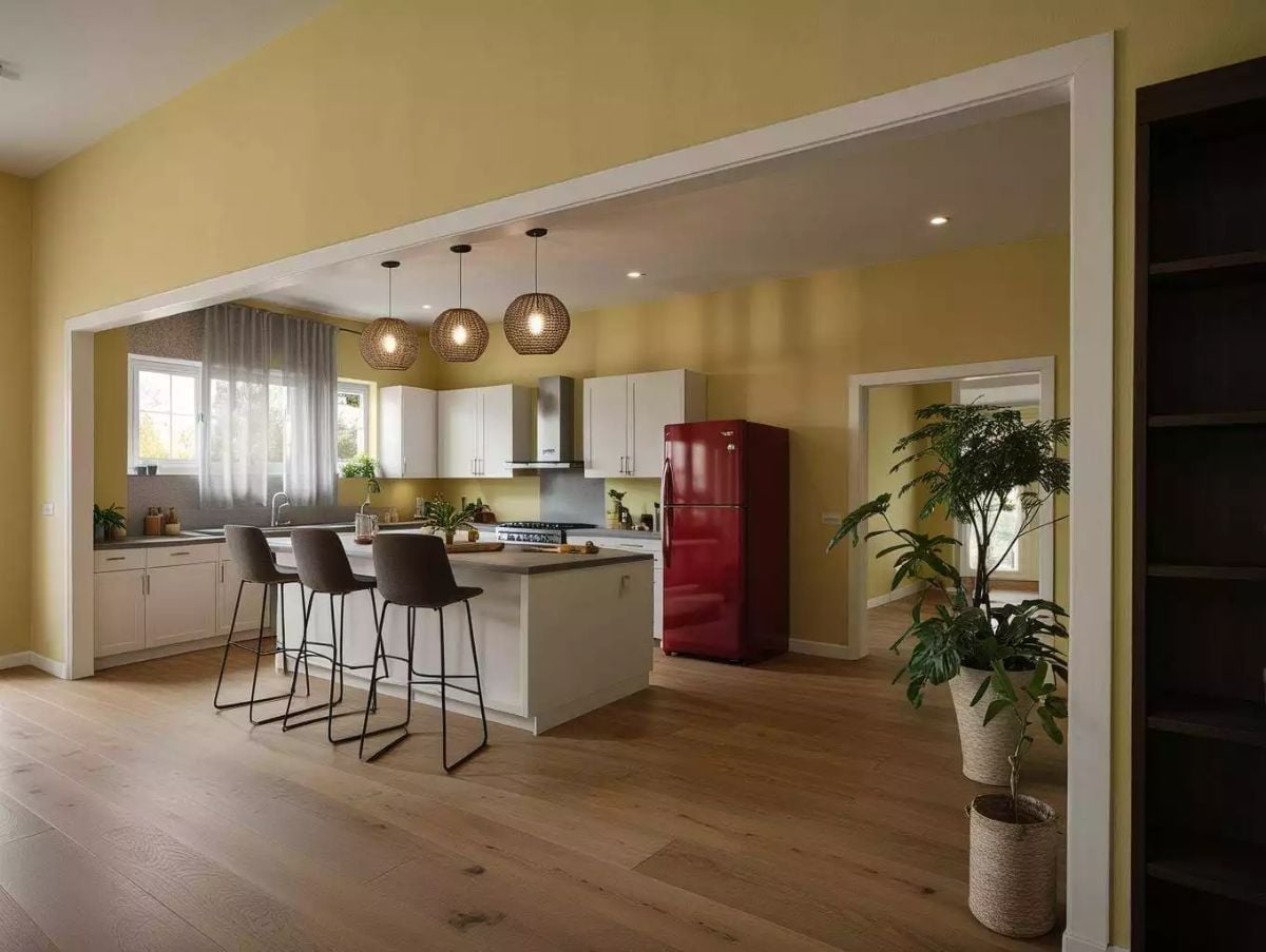 Crimson Fridge, Rattan Pendants, Yellow Walls — Wait, It Works