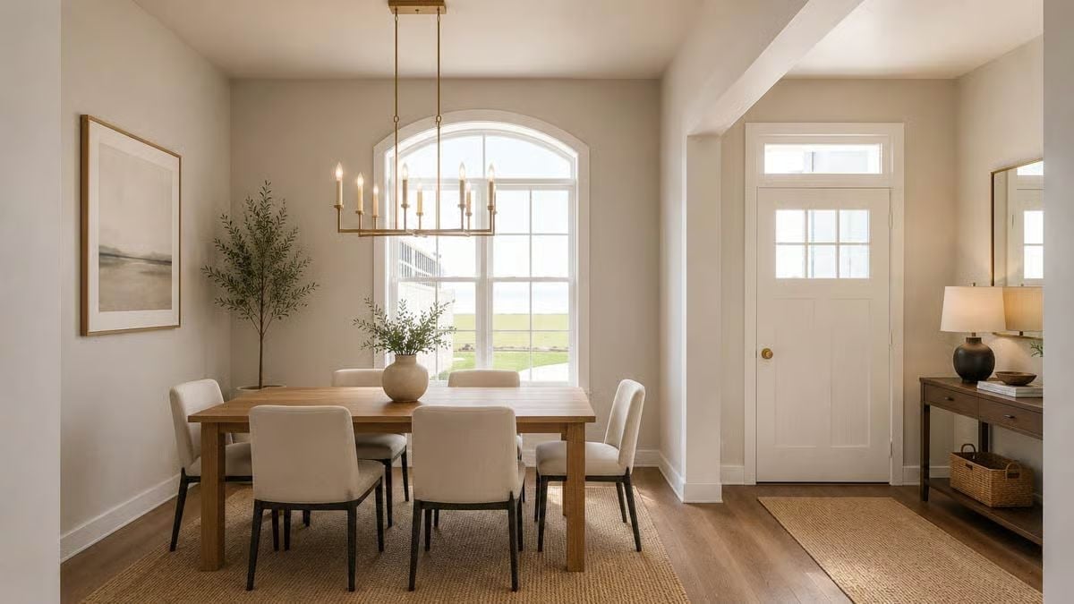 Brass Chandelier and Arched Window Do Most of the Work Here