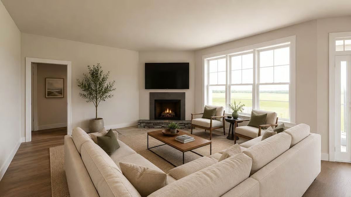 Cream Linen and a Stone Fireplace That Make Staying Home Feel Like the Right Call