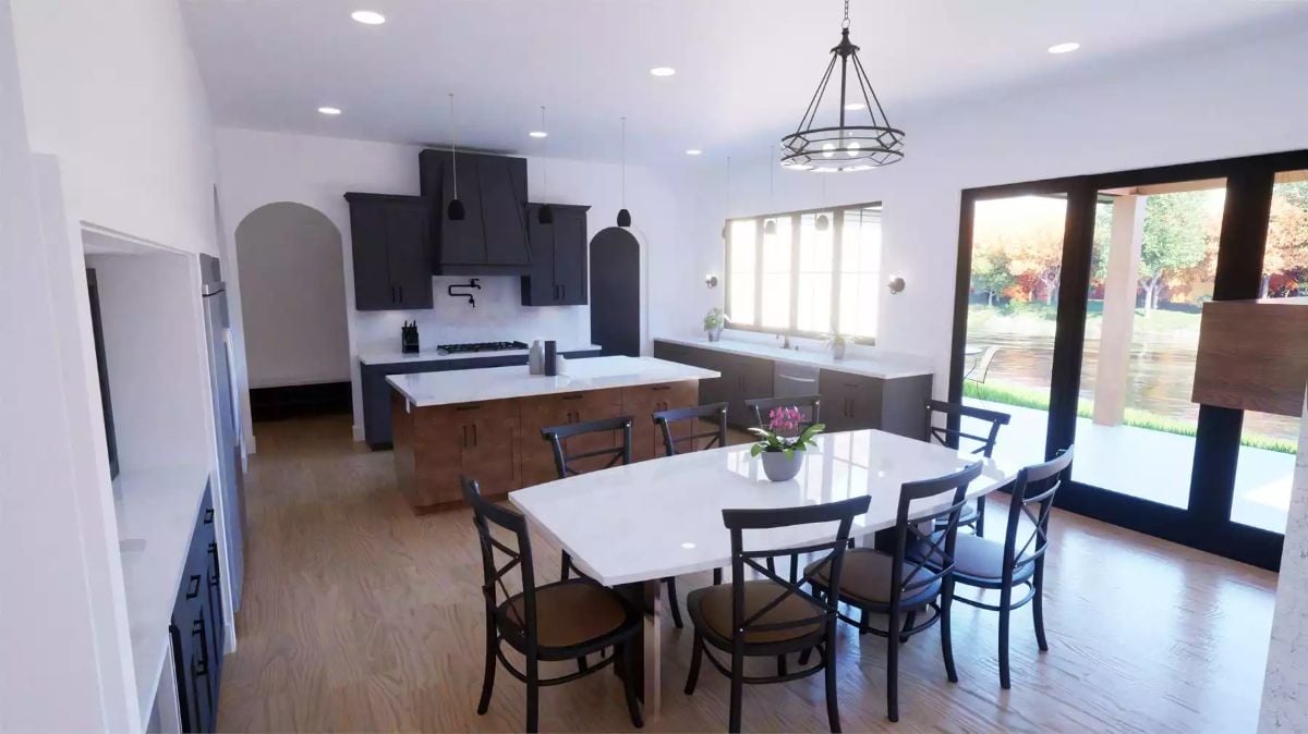 Dark Cabinetry, Wood Island Base, and a Table Big Enough to Mean It