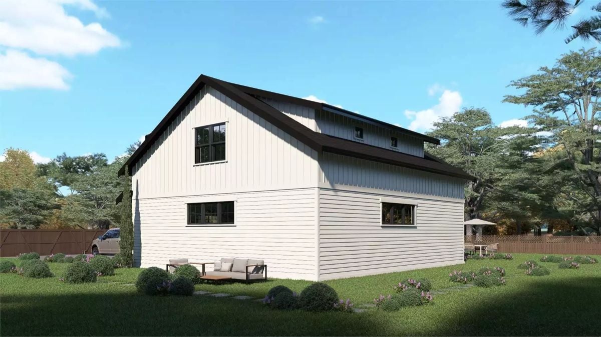 Gambrel Roofline and Board-and-Batten Siding Make the Rear Elevation Work Hard