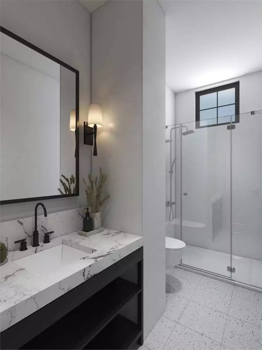 Marble Vanity on One Side, Glass Shower on the Other — Wet Zone Logic Done Right
