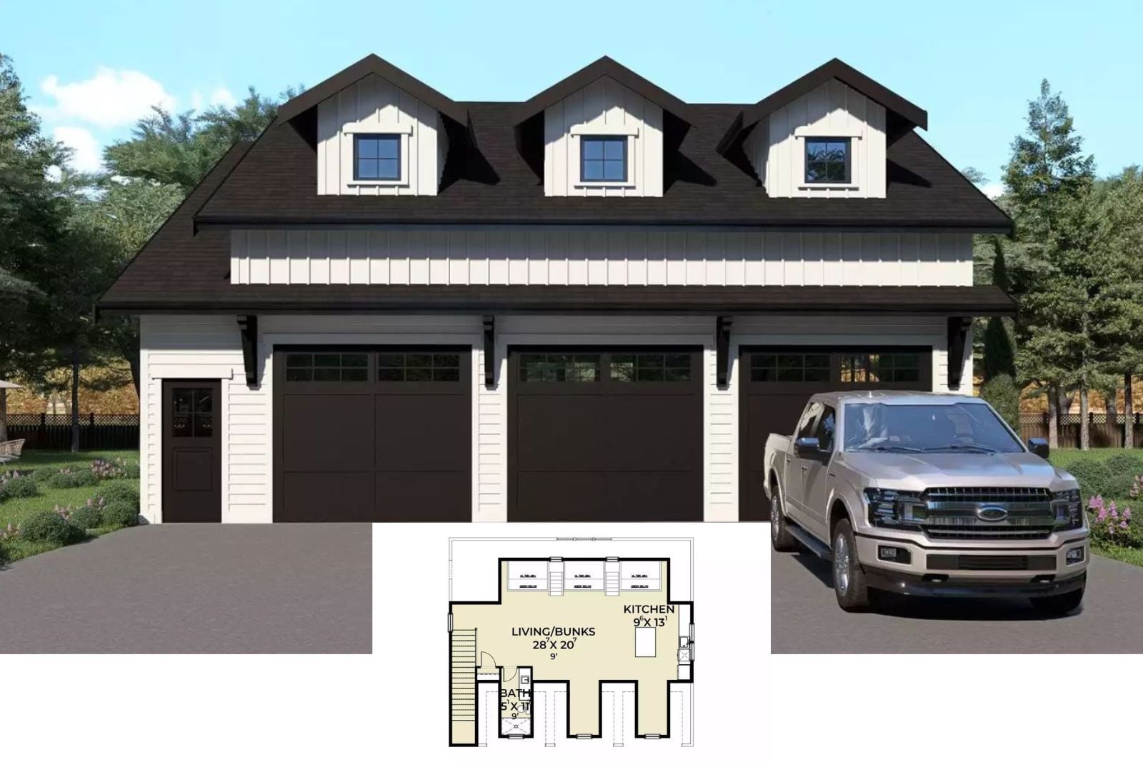 Introducing The Linvale Country-Style Carriage House Plan with 3-Car Garage (939 Sq. Ft. Floor Plan)