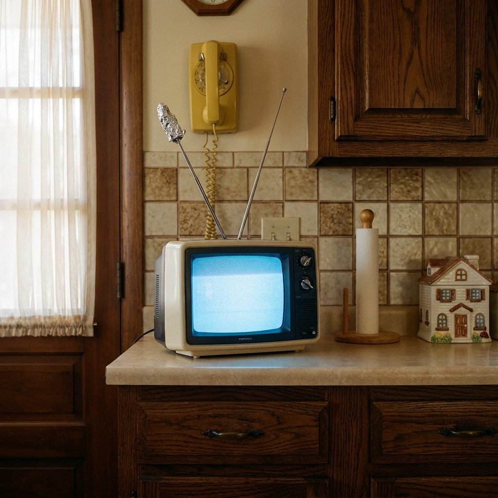 The Little TV in the Kitchen With Rabbit Ears Wrapped in Aluminum Foil