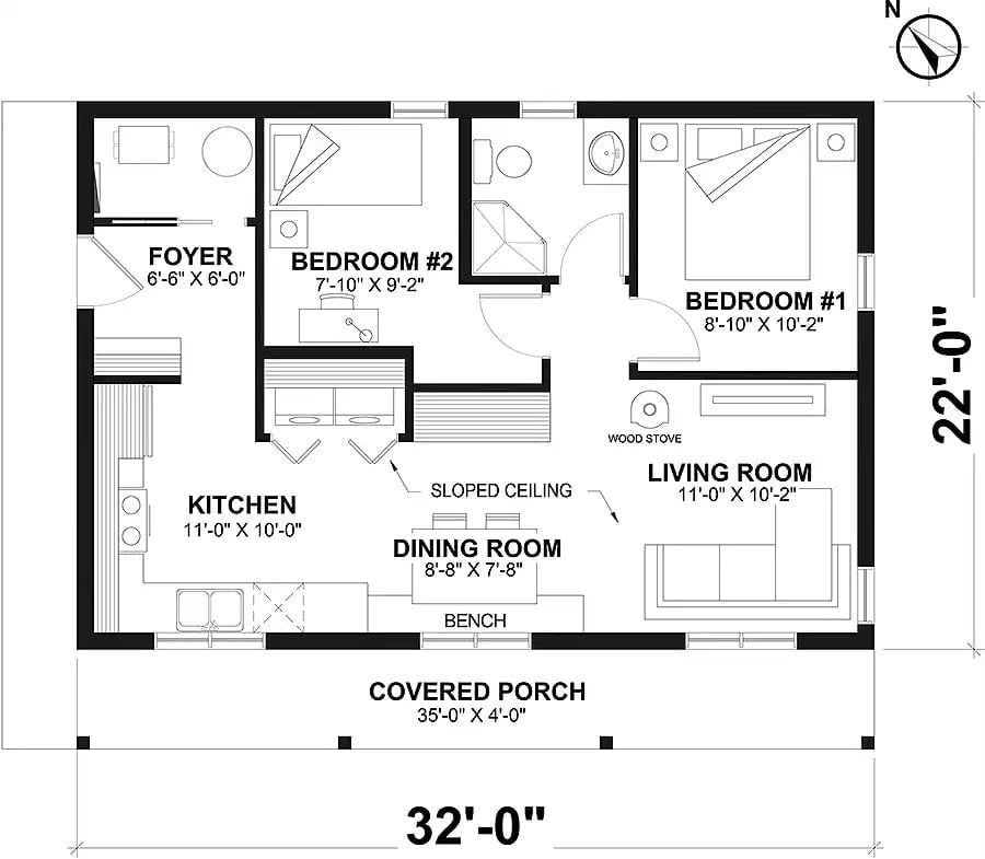 Floor Plan - Lodge Birches 2-Bedroom Contemporary with Covered Porch Designed for Couples Who Love a Good Reason to Light the Fireplace
