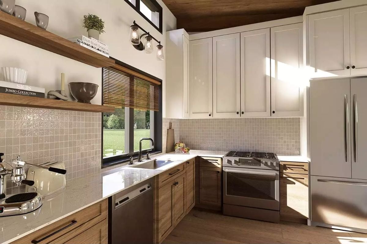 Warm Wood Lowers, White Uppers, and a Sink That Gets the View