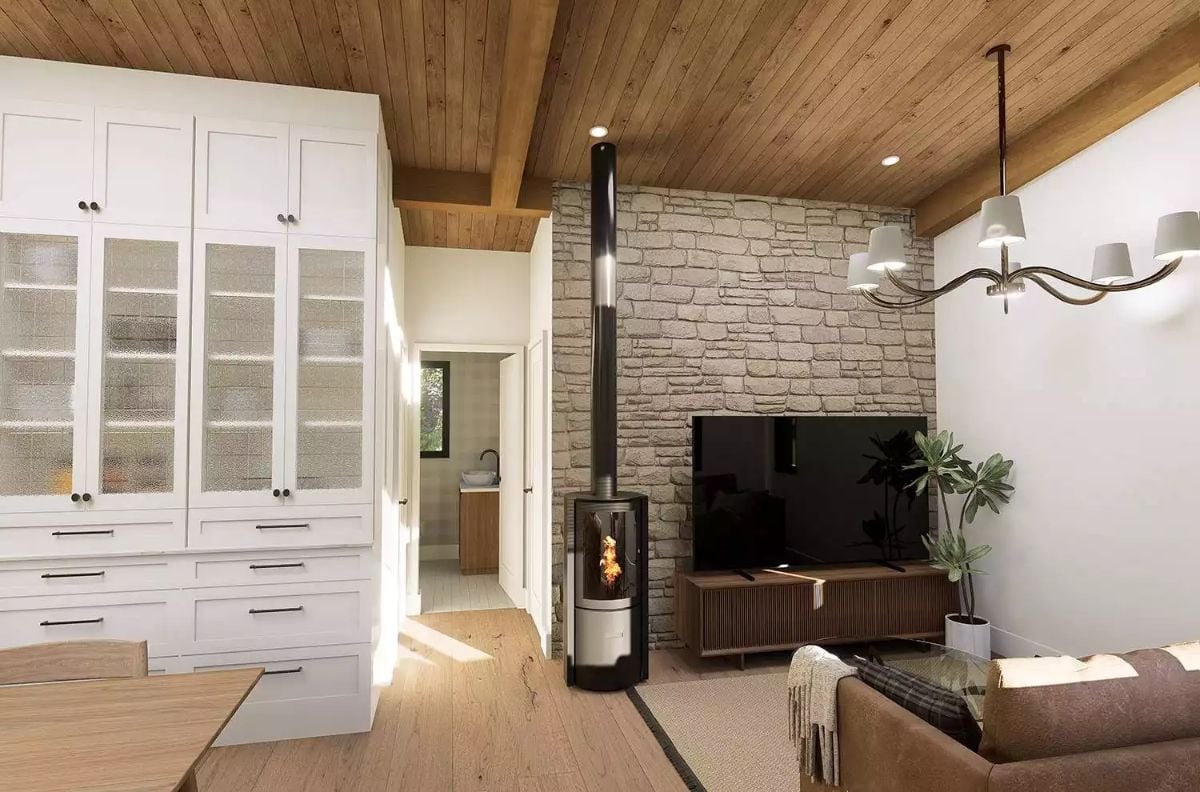 Wood Ceiling, Stone Wall, and a Fire That Actually Does the Work