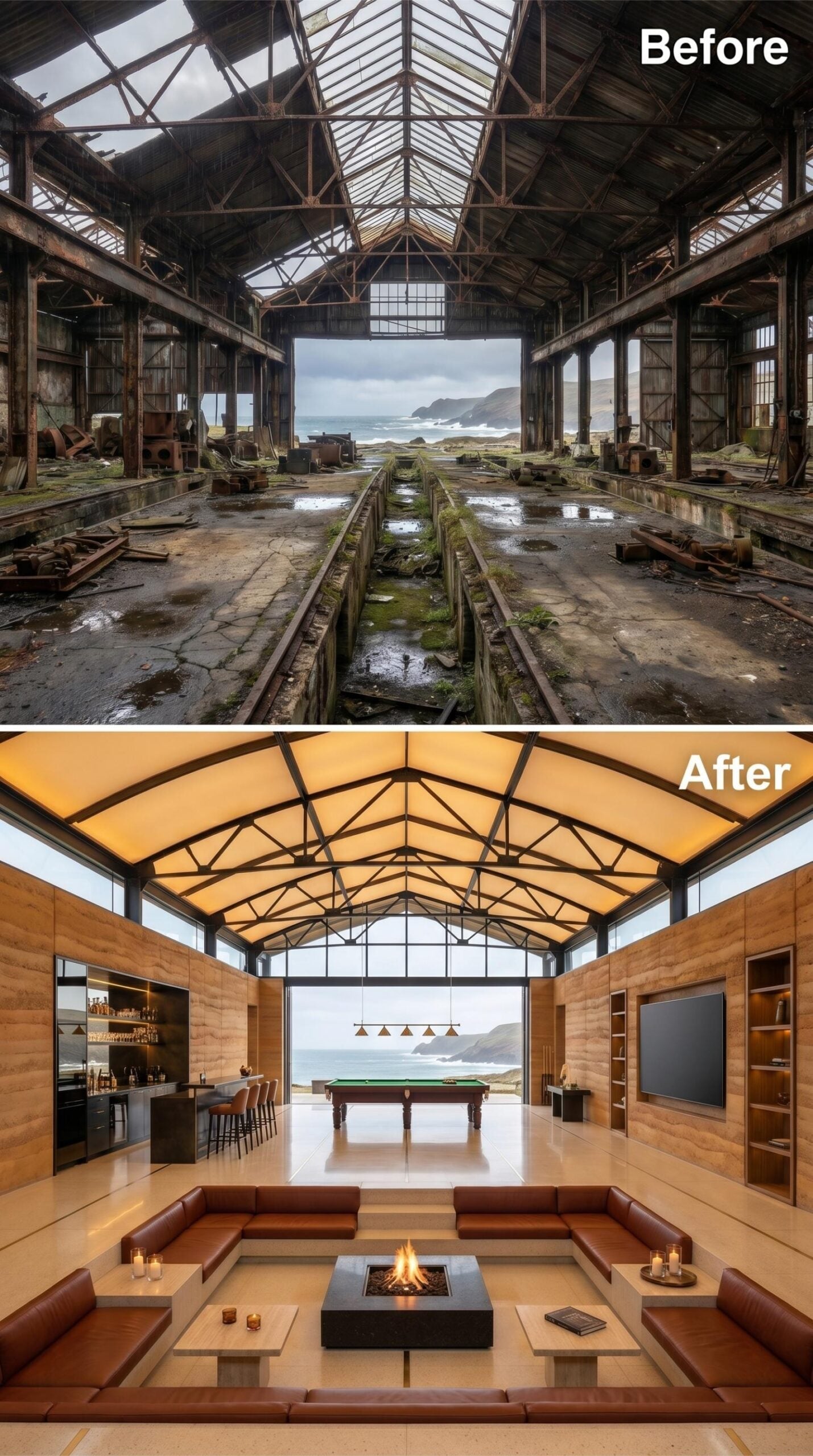 Backlit Trusses, Sunken Fire Pit, Ocean End Wall: Industrial Scale Finally Earns Its Keep