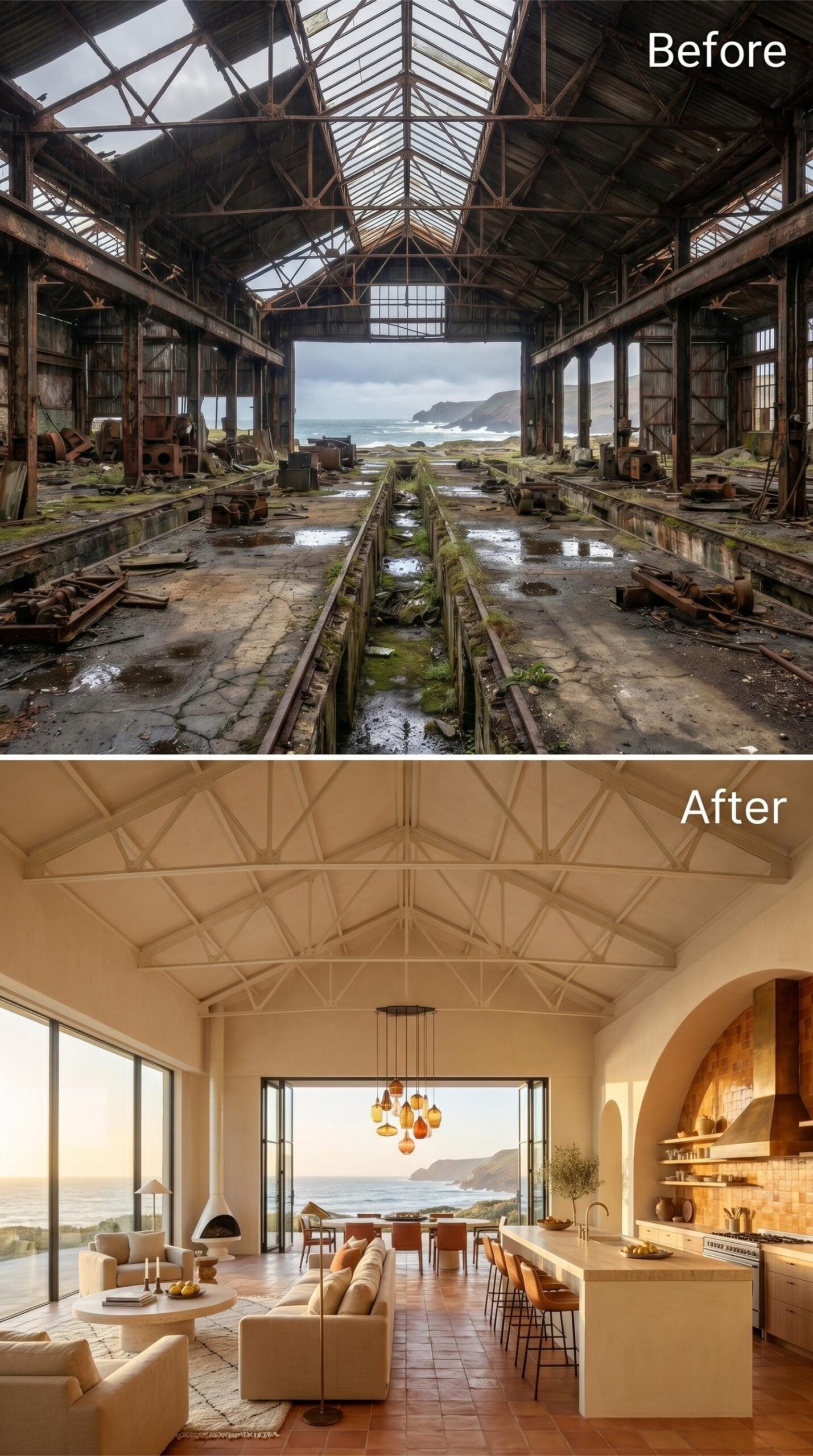 Cream Trusses, Terracotta Tile, and an Ocean Frame That Anchors the Whole Room