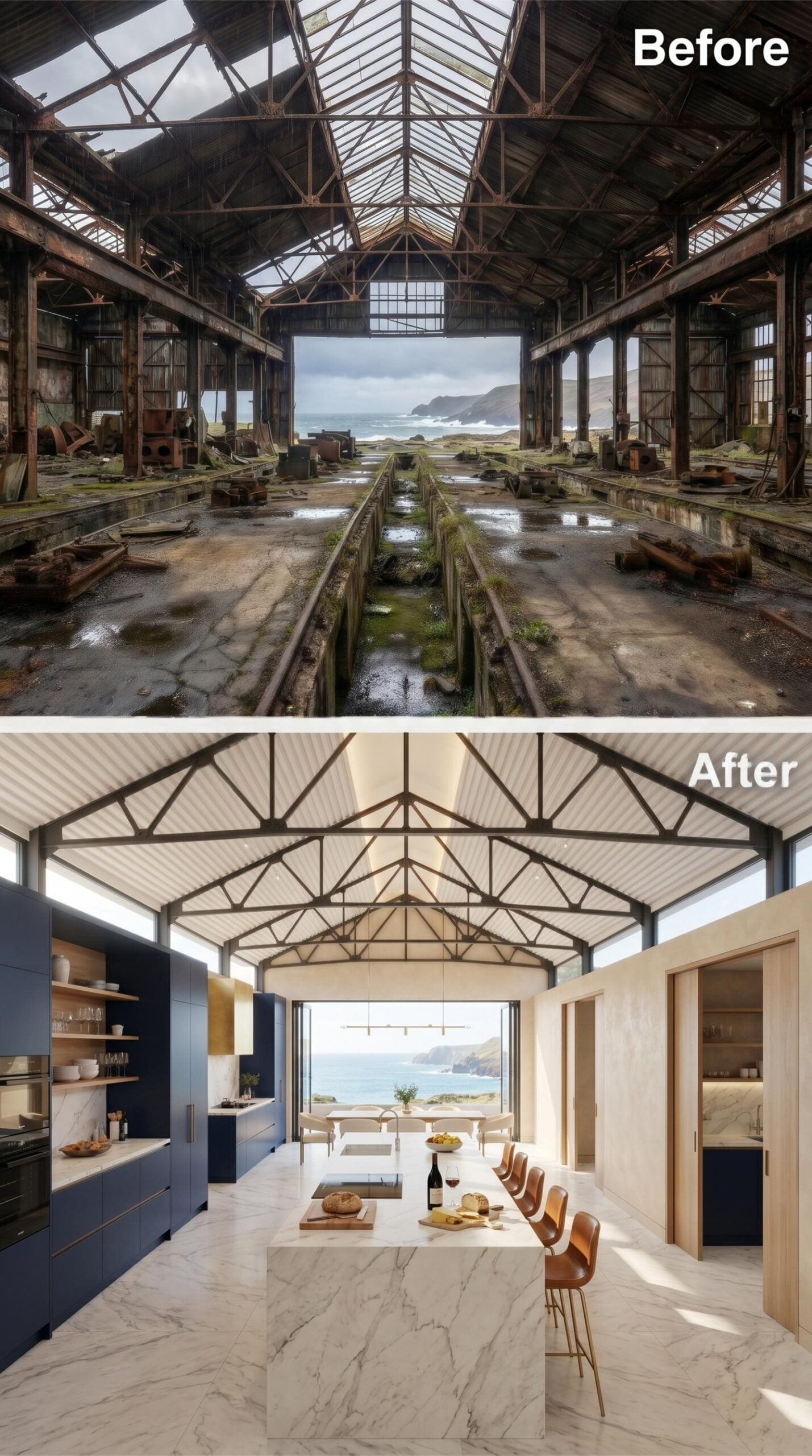 Dark Trusses, Marble Island, Navy Cabinetry: Shed Scale Finally Meets Its Match