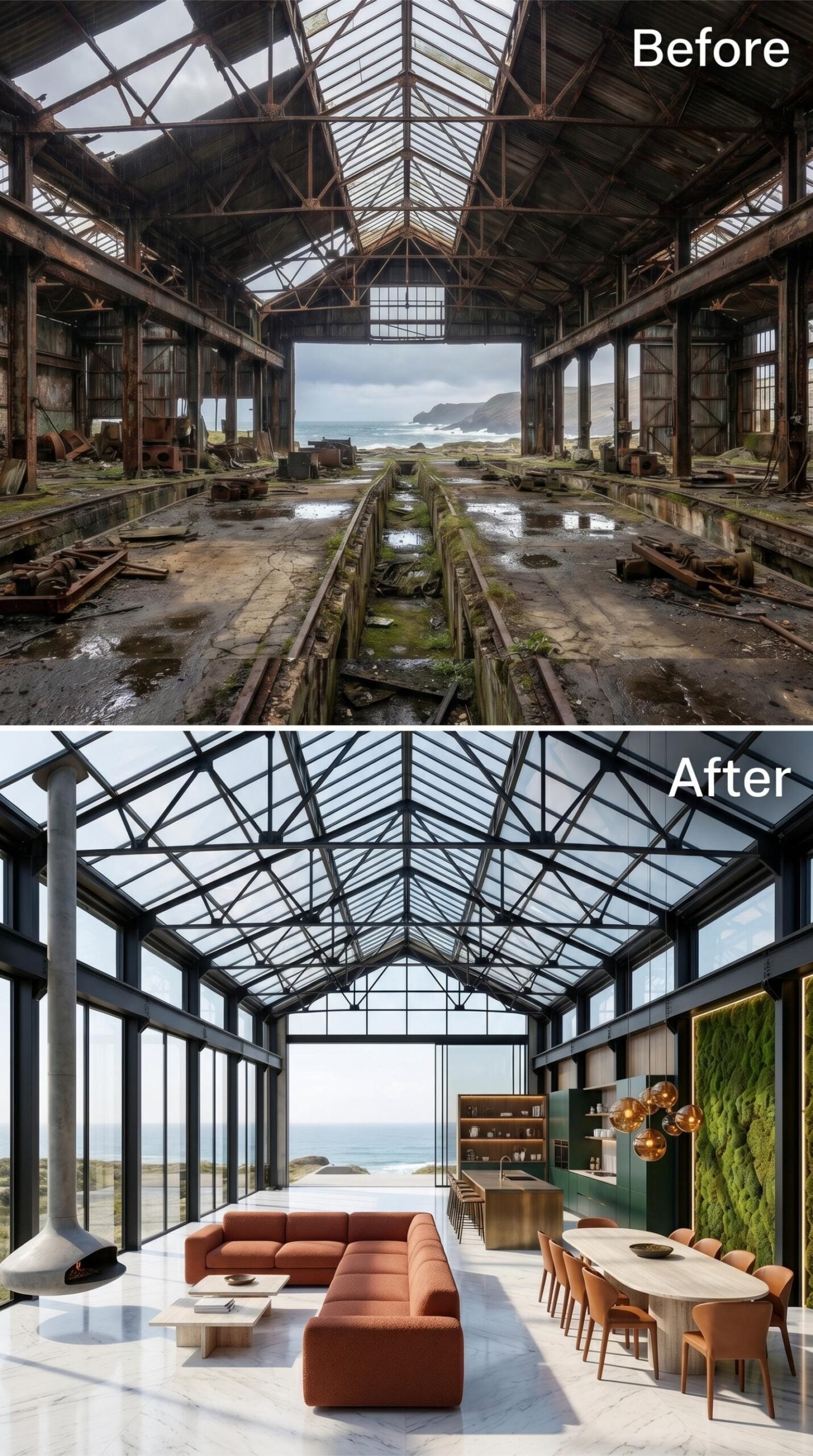 Glass Roof Kept, Grease Pits Gone: Coastal Shed Becomes Open-Plan Residence
