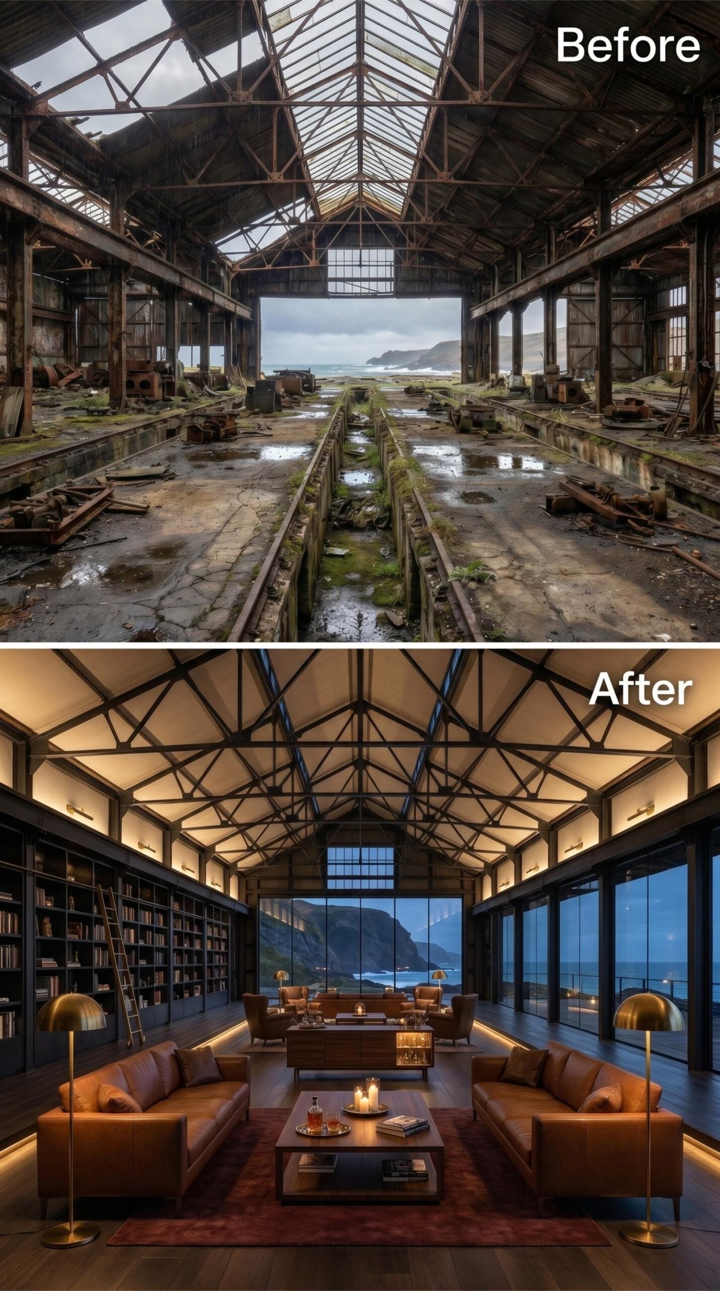 Leather Sofas, Backlit Trusses, Ocean Dusk: Where the Library Wall Does the Talking