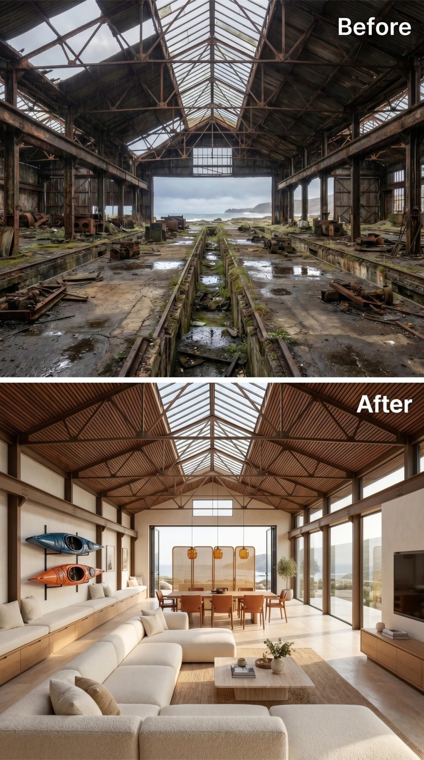 Locomotive Shed Reborn as Coastal Living Room With Kayaks on the Wall