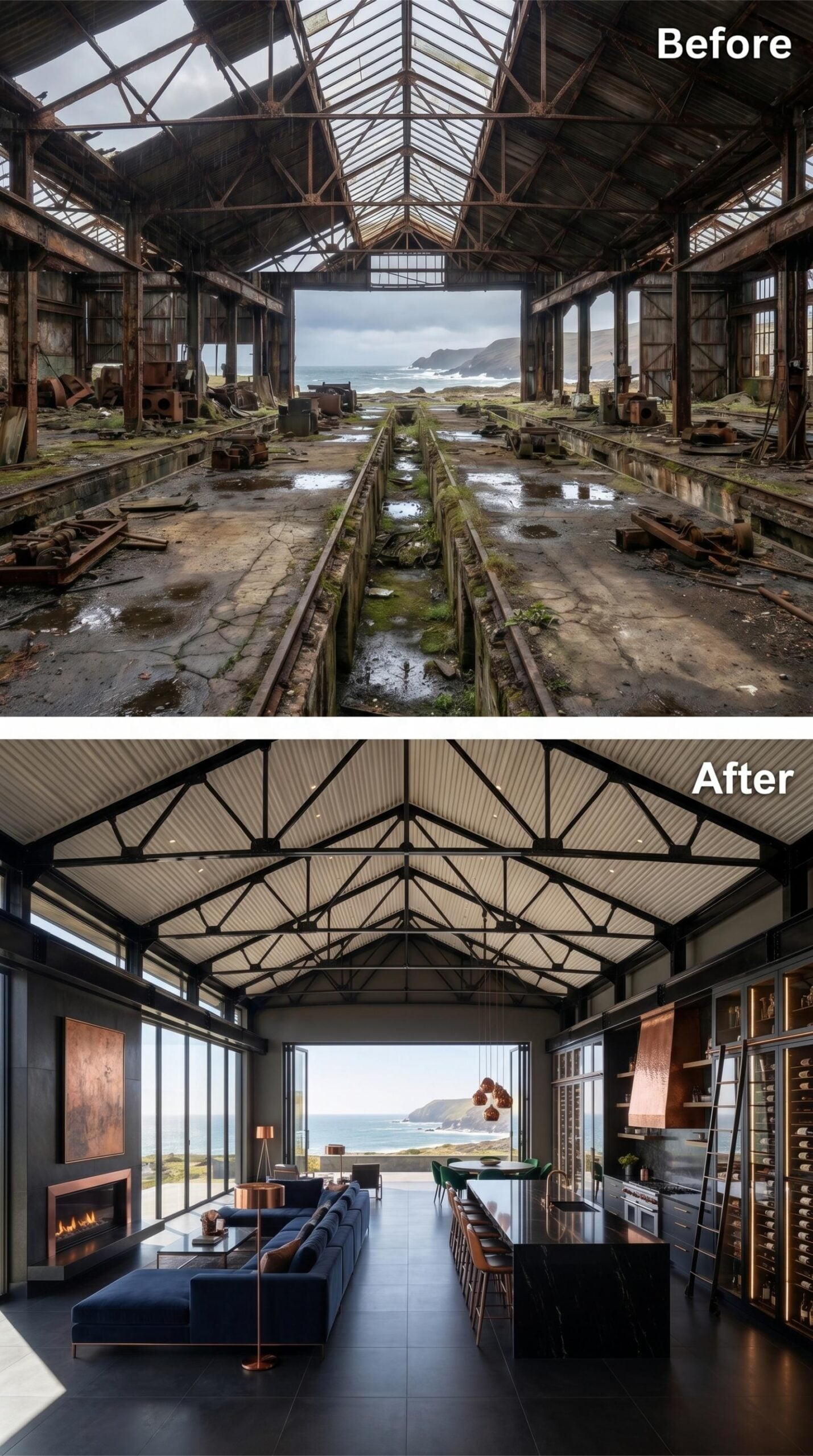 Navy Velvet, Copper Pendant, Ocean Frame: Shed Finds Its Grand Address