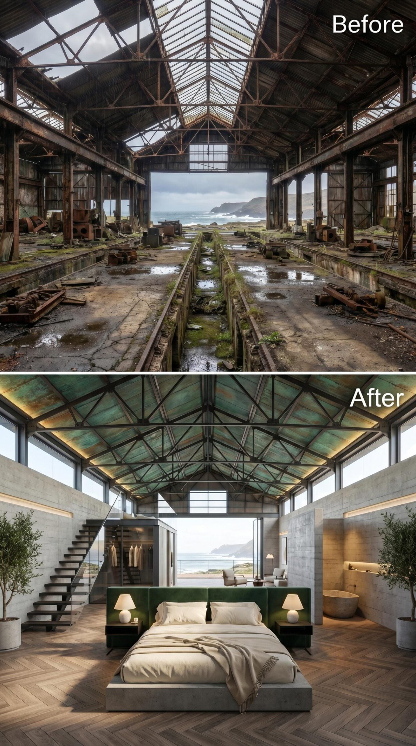 Patina Roof, Herringbone Floor, Ocean View: Shed Becomes a Coastal Master Suite