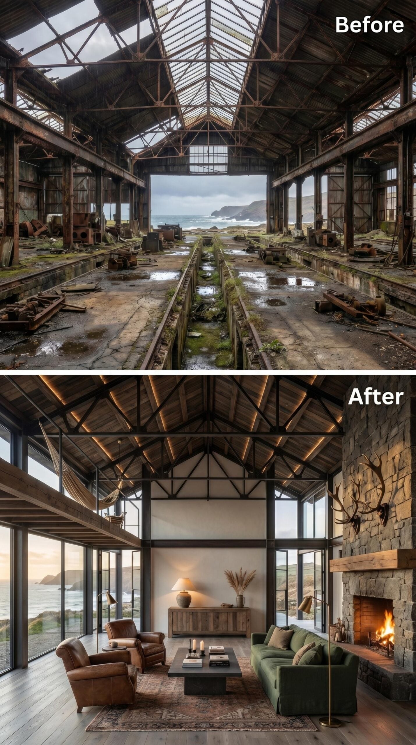 Rusted Shed to Roaring Fireplace: Coastal Living Room With a Stone Wall That Means Business