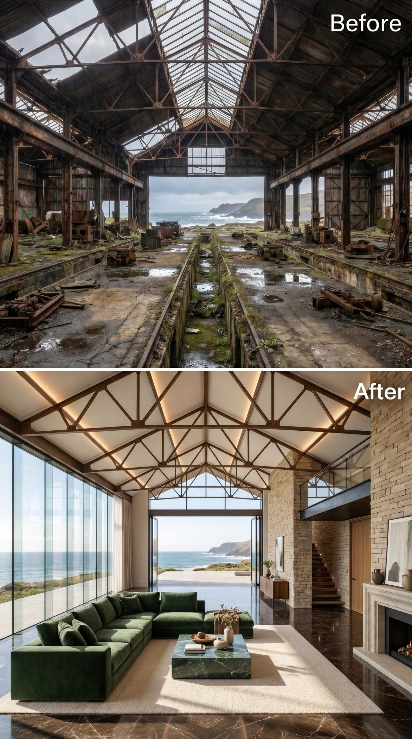 Rusted Trusses, Green Velvet, Ocean Glass: Shed Becomes a Coastal Living Room