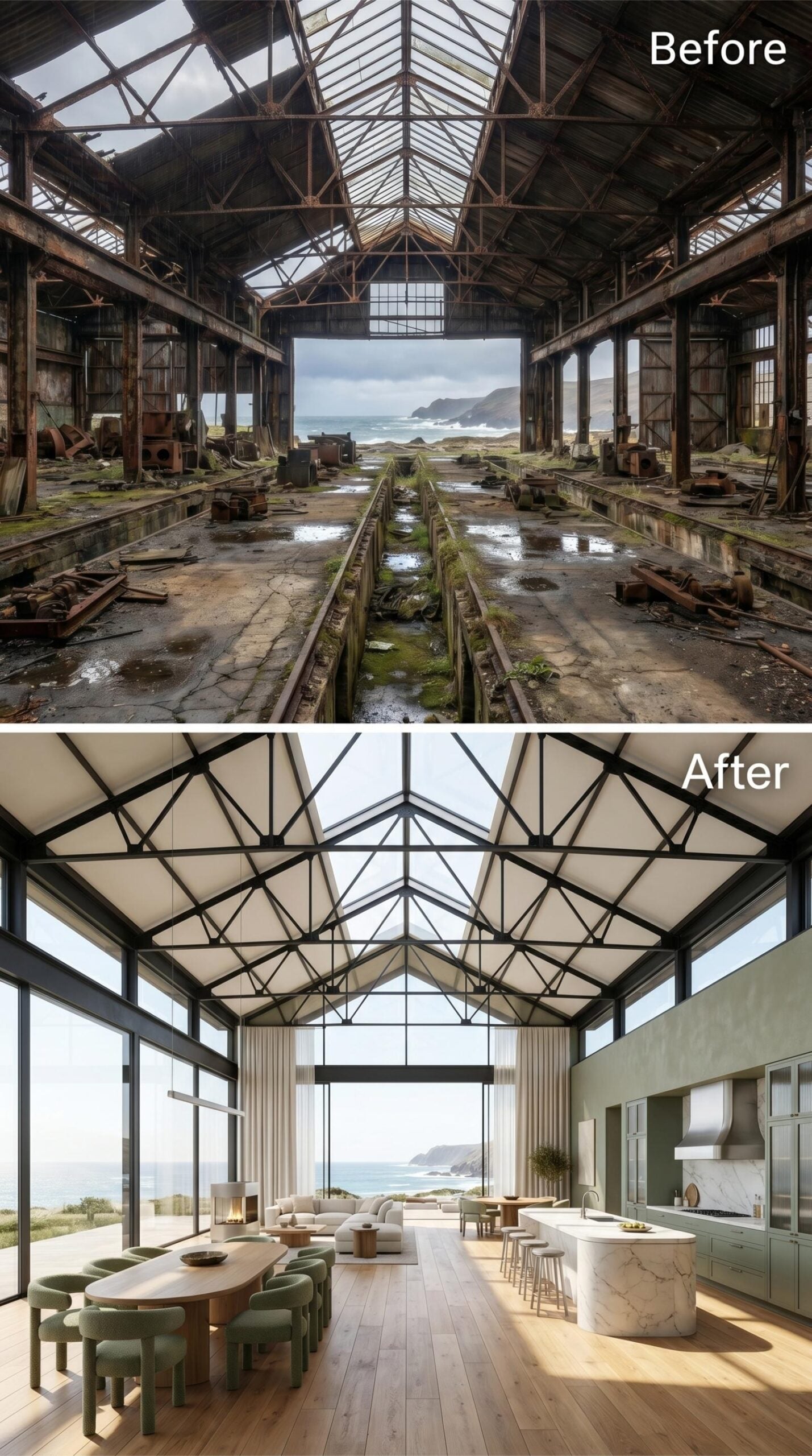 Sage Cabinetry, Marble Island, Ridge Skylights: Shed Volume Put to Honest Use