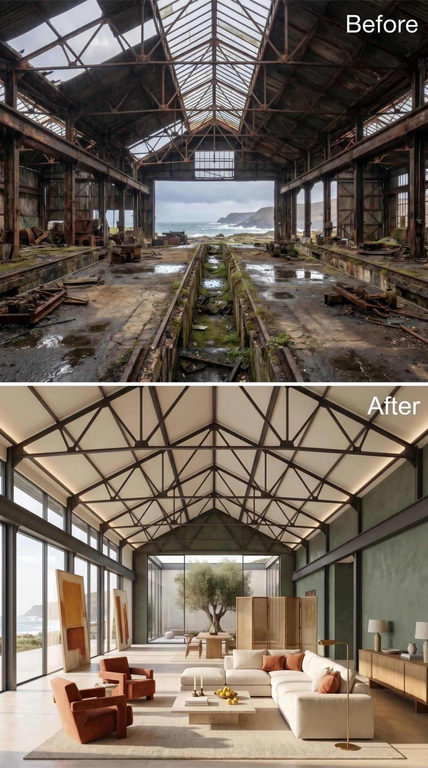 Sage Walls, Backlit Trusses, Olive Tree: Industrial Bones Meet Coastal Calm