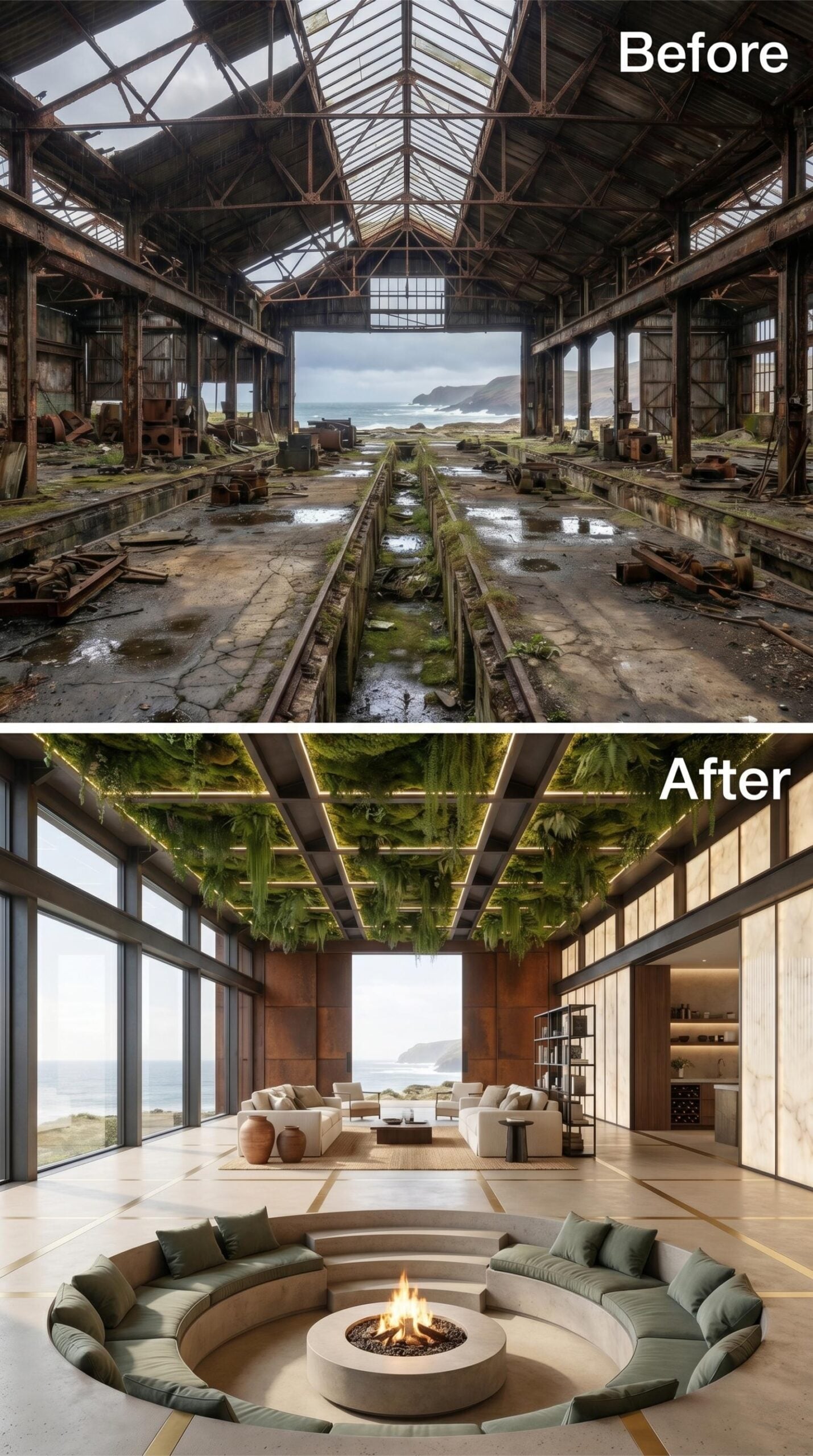 Sunken Fire Pit, Living Walls on the Ceiling, Ocean at the End of the Room