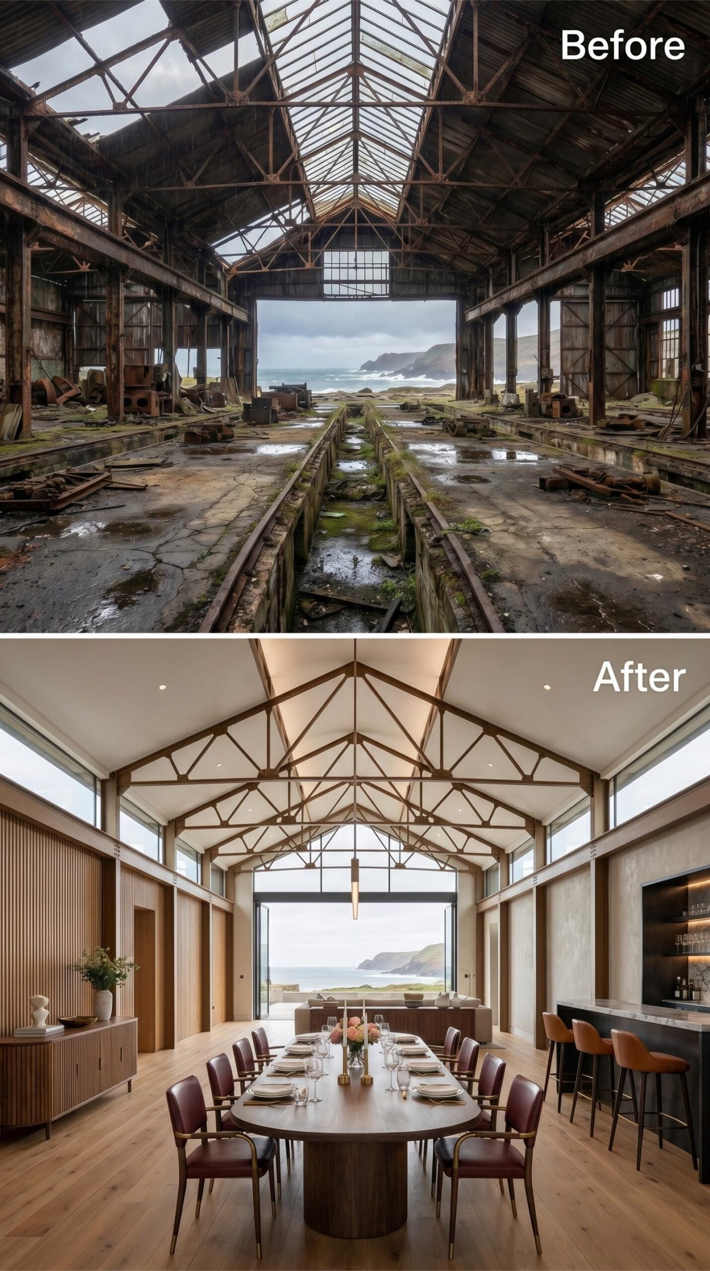 Vaulted Trusses, Leather Dining, Ocean Frame: Shed Scale Finally Earns Dinner