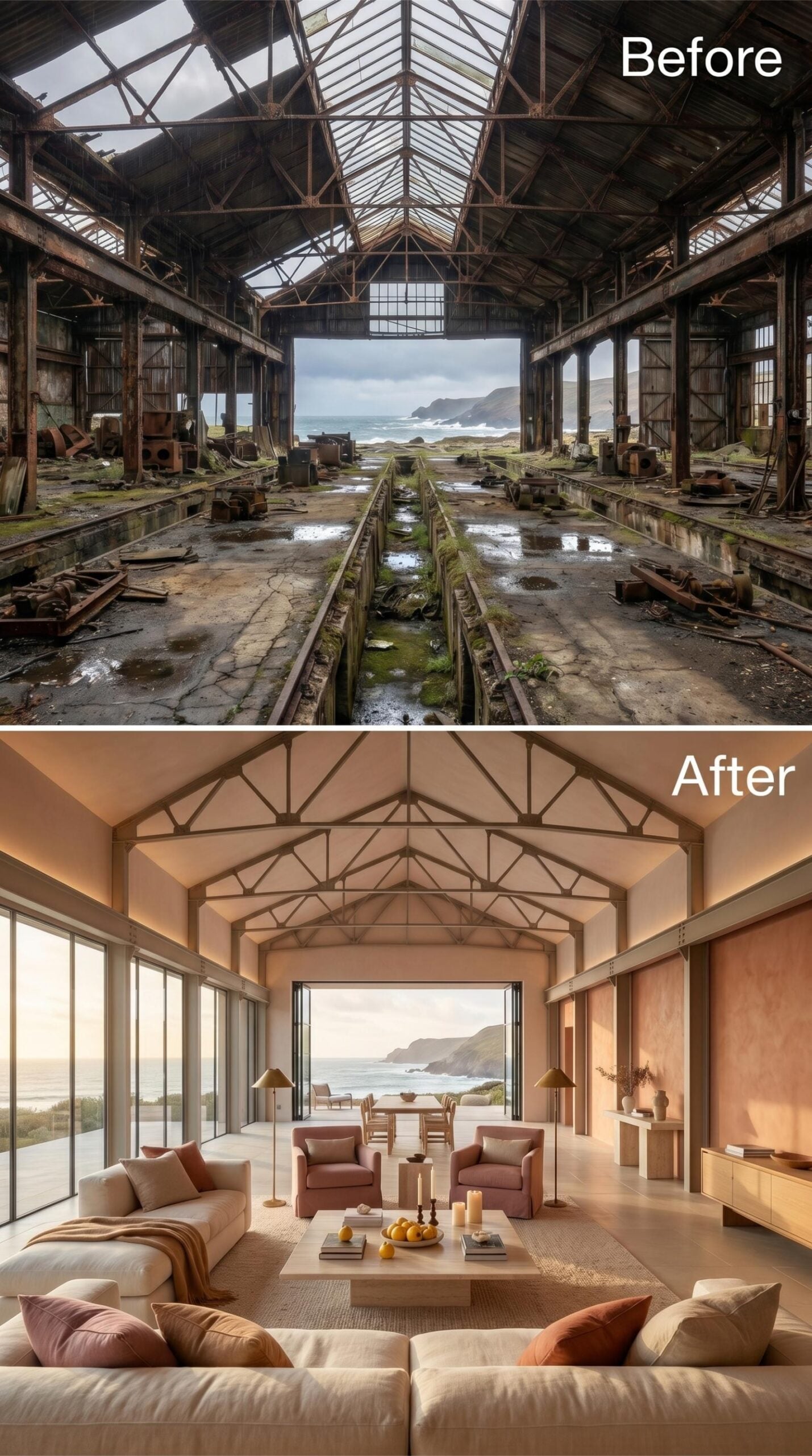 Warm Plaster, Rose Linen, and Truss Bones That Earn the Coastline View