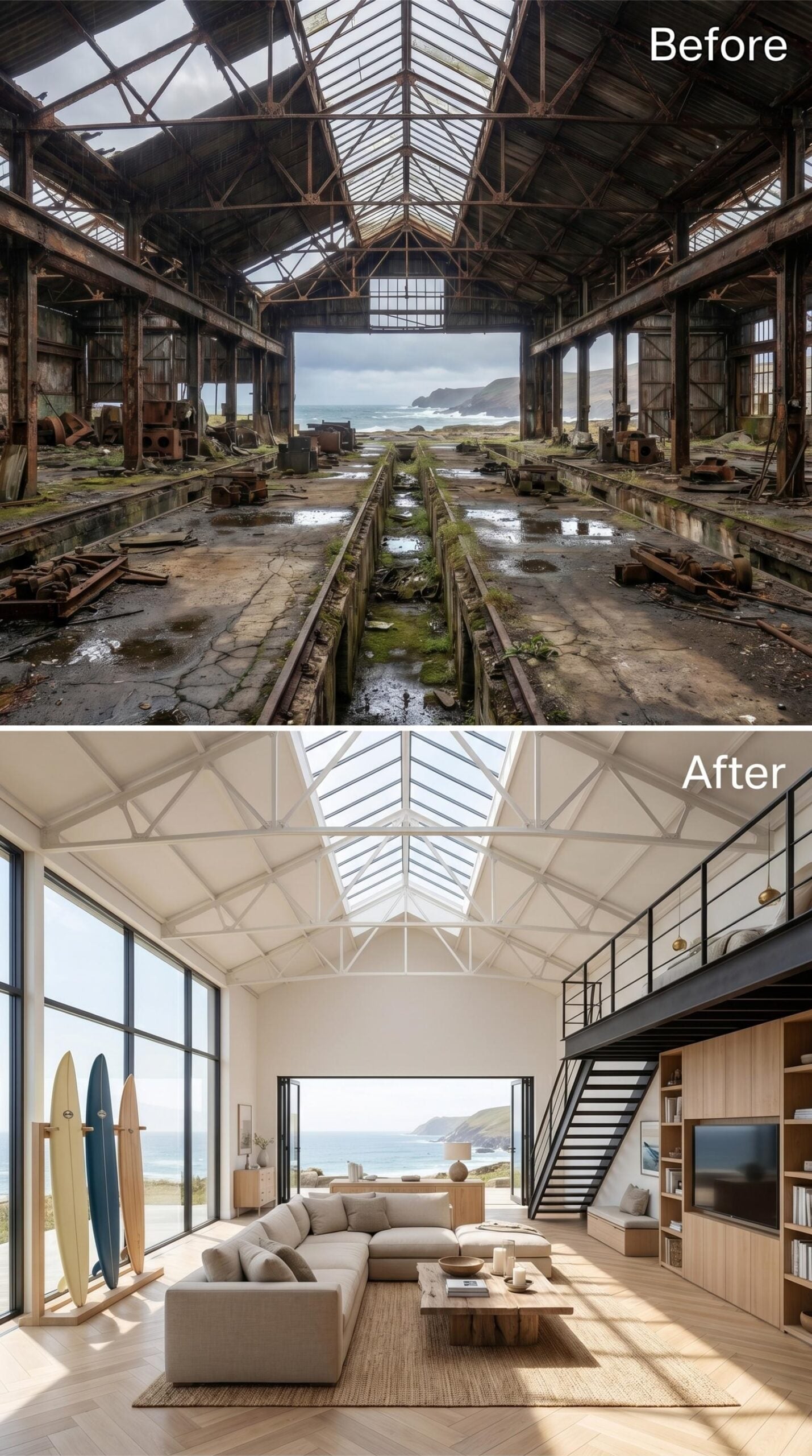 Whitewashed Trusses, Ocean Glass, and Surfboards That Pull the Whole Room Together