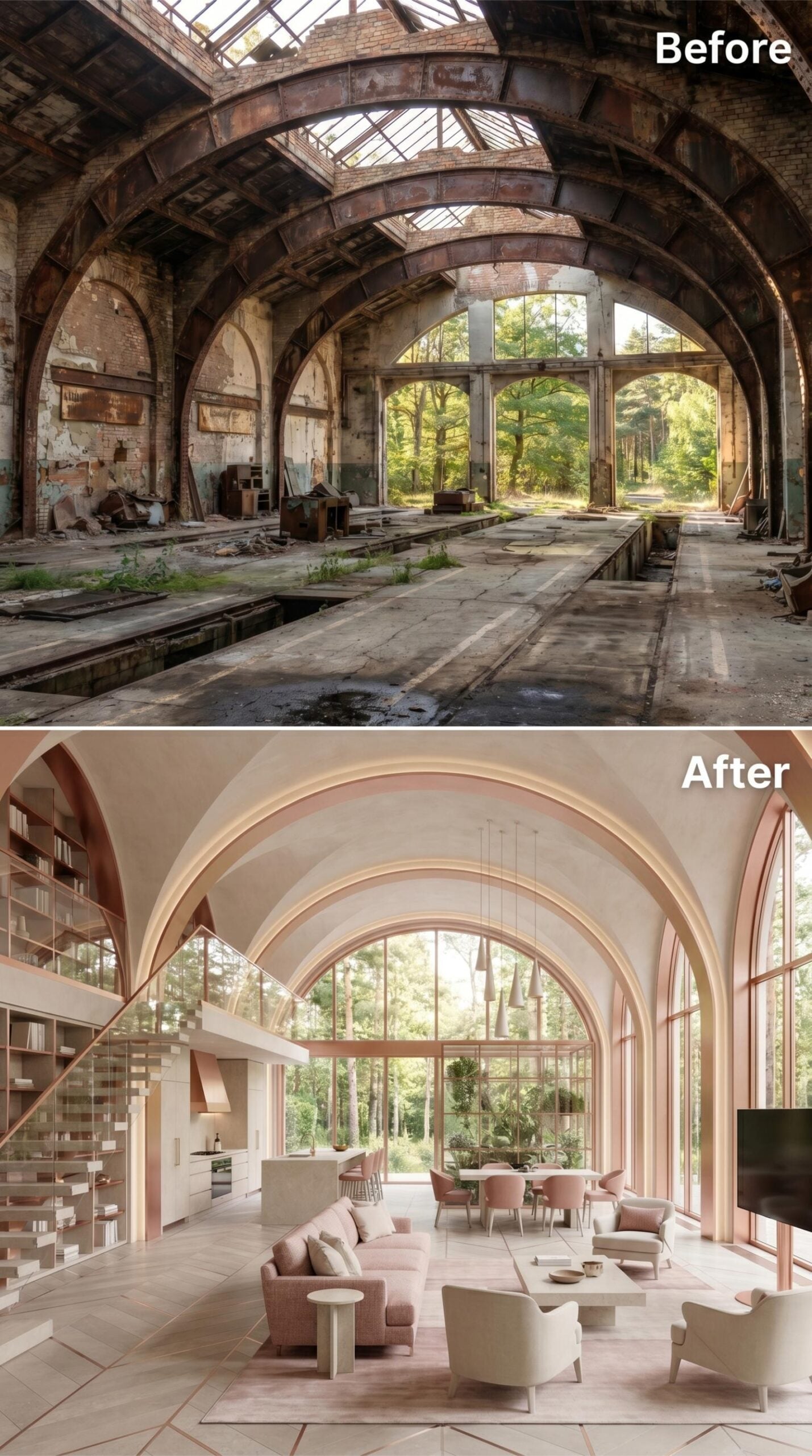 Blush Plaster Arches and Forest Light Rewire an Industrial Shell Into Something Residential