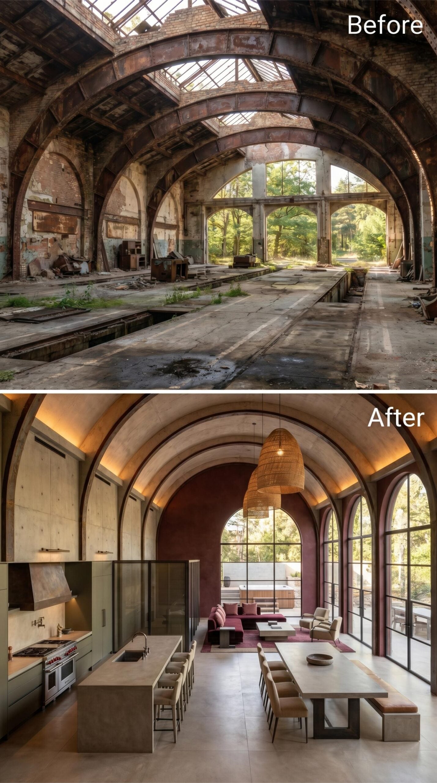 Burgundy Plaster, Backlit Concrete Arches, and a Kitchen Island That Earns Its Footage
