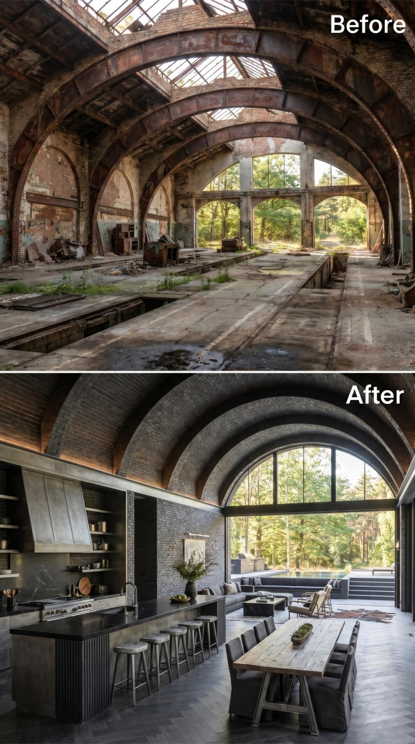 Charcoal Brick Vaults and a Raw Wood Table Settle Into a Former Industrial Shell
