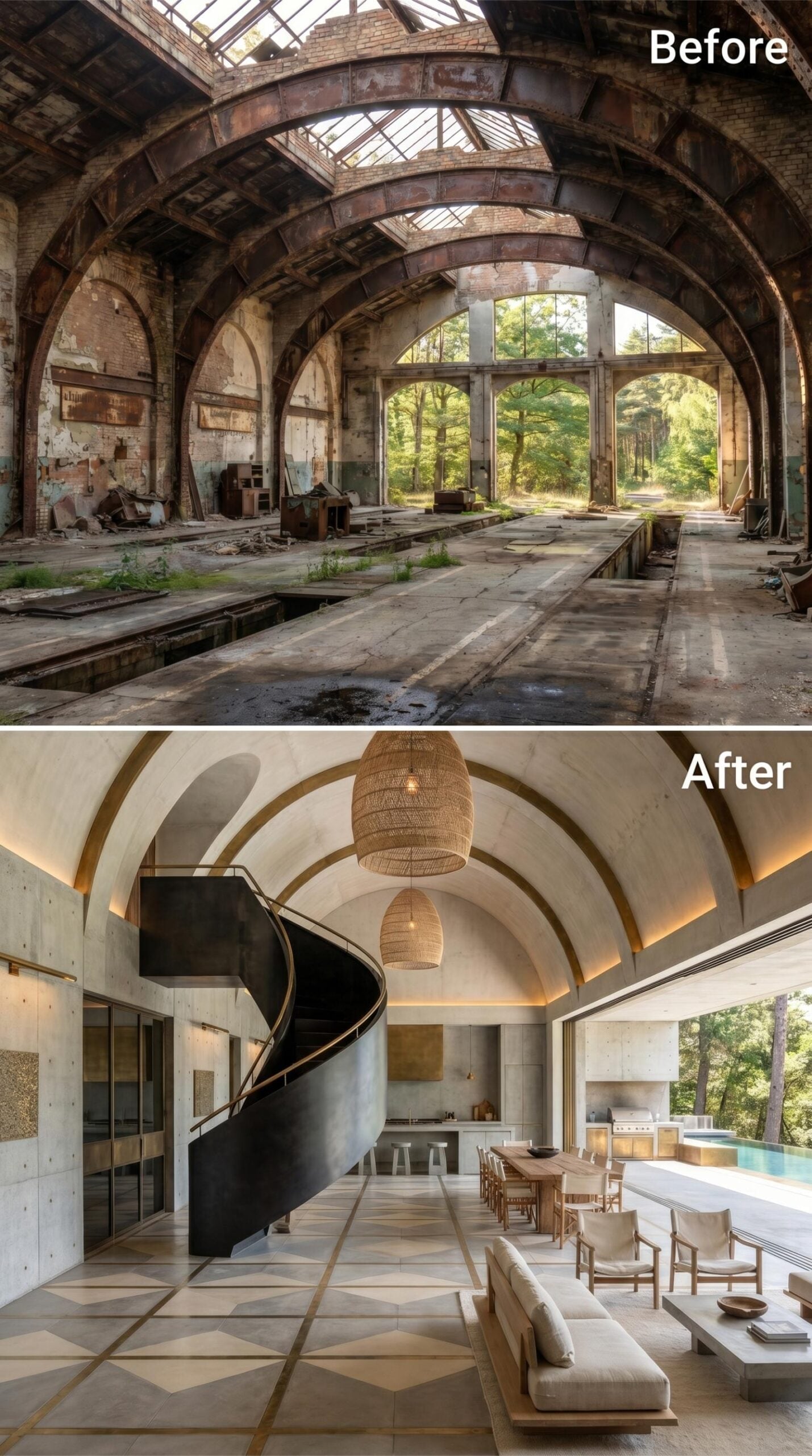 Concrete Arches, a Spiral Stair, and Woven Pendants Claim an Industrial Ruin