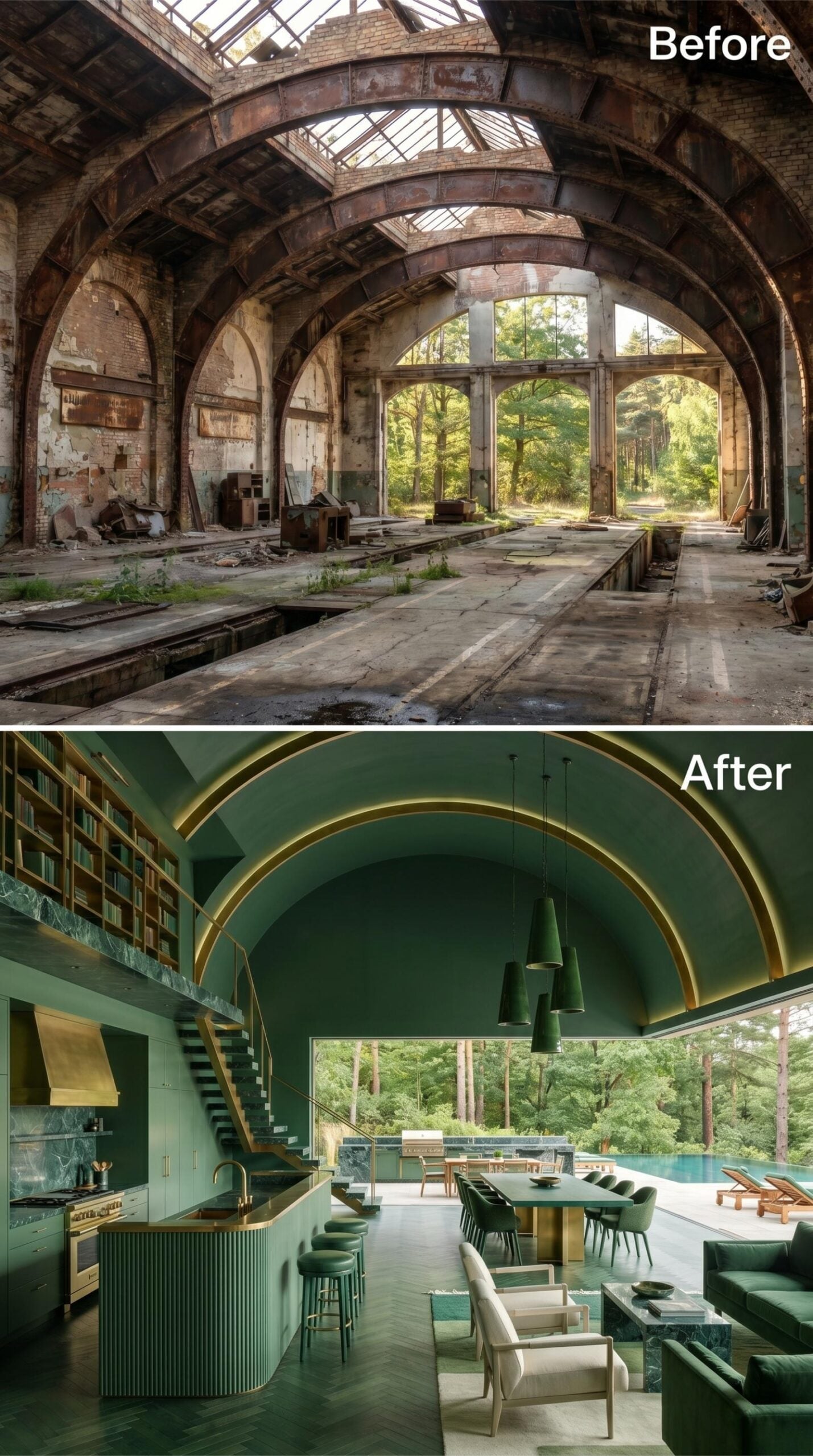 Forest Green and Brass Claim Every Inch of a Vaulted Industrial Shell