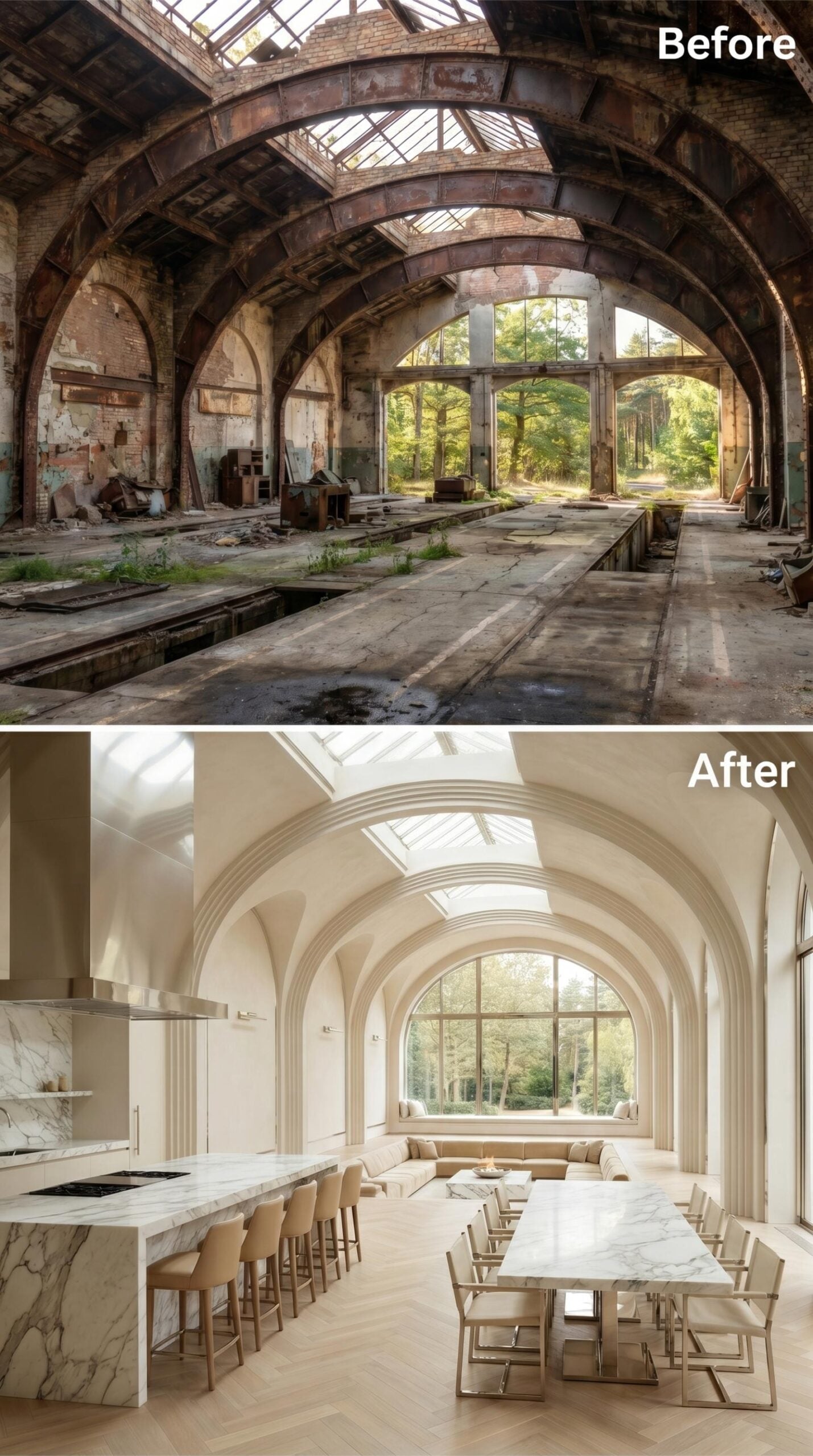 Marble, Plaster Arches, and Forest Views Rewire a Space Built for Diesel