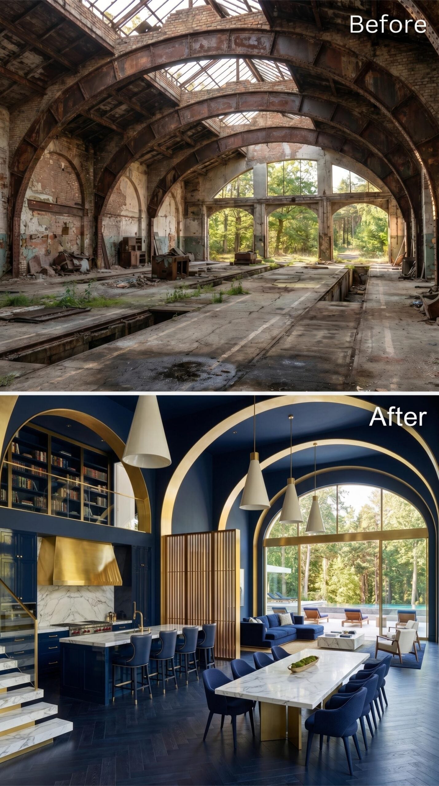 Midnight Blue and Brass Take Over a Space That Once Held Nothing But Rust