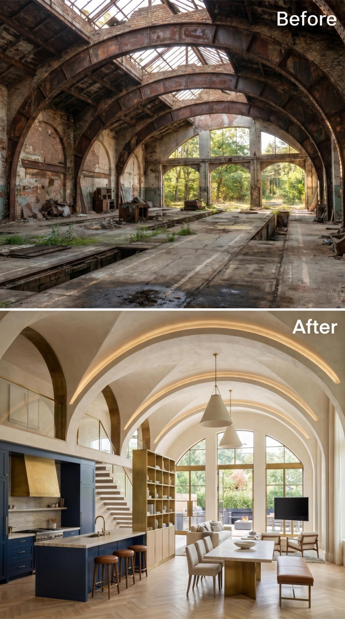 Navy Cabinetry and Barrel Vaults Settle Into a Space That Used to Move Buses