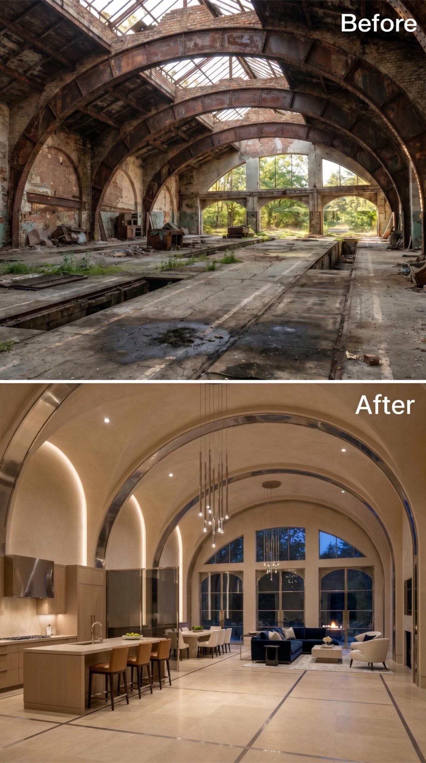 Polished Plaster Arches and a Navy Sofa Claim the Bones of a Former Engine Hall